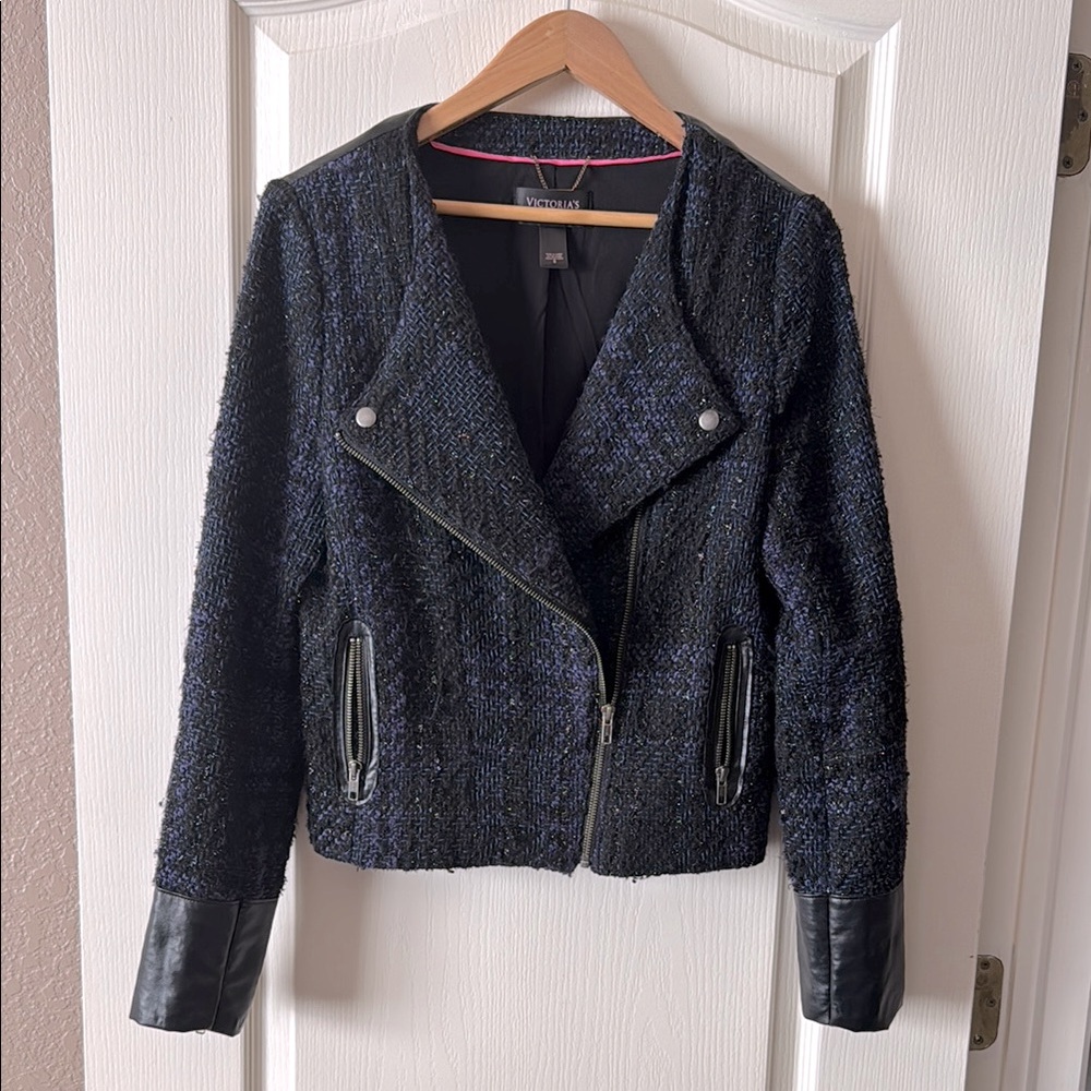 Black Tweed Women's Jacket with faux leather shoulder cuffs. Front zip pockets.